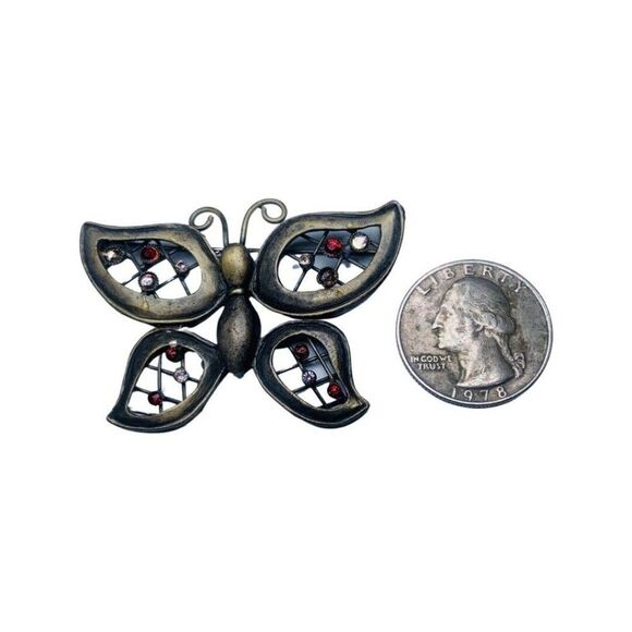 Antique Brass Open Work Metal Rhinestone Vintage Molded Butterfly Brooch 2 1/8” - Picture 11 of 13